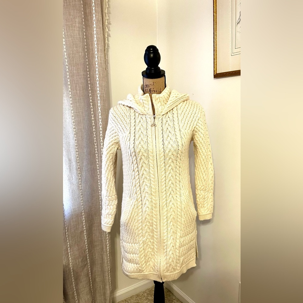 Merino hooded Aran sweater coat / tunic / sweater  - small - Picture 9 of 10